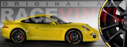 Porsche amarillo con los vinilos para llantas diseño SPEED de RV Auto