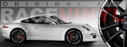 Porsche blanco con los vinilos para llantas diseño SPEED de RV Auto